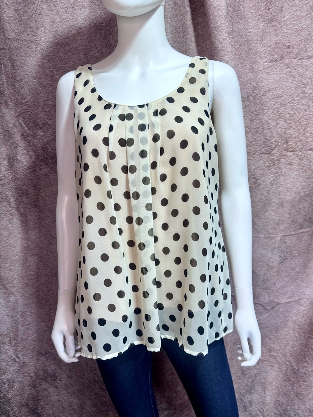 Sleeveless Medium Polka Dot Chiffon Swing Pleated Tank Top - Cream/Black